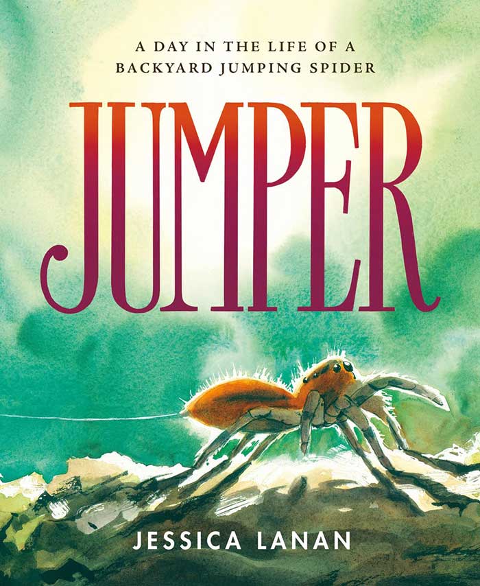 Cover image for picture book 'Jumper: A Day in the Life of a Backyard Jumping Spider' showing a jumping spider from the side walking across the ground with a trail of silk behind