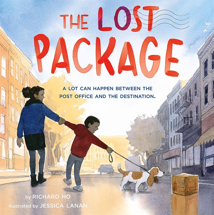Cover image for picture book 'The Lost Package' showing a mother and son with a dog finding a small package on a city street.
