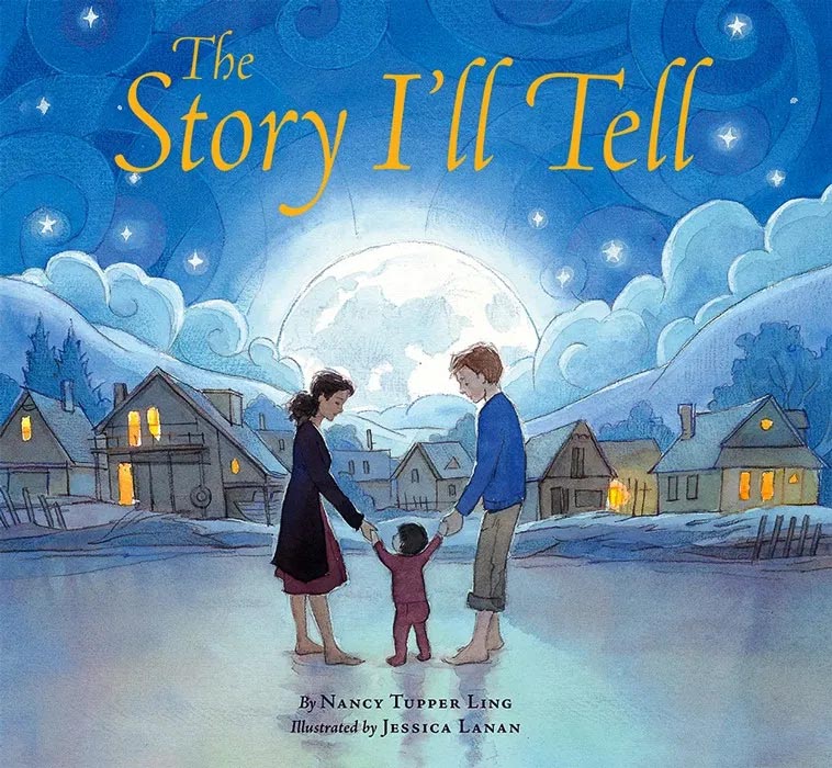 Cover image of picture book 'The Story I'll Tell' showing a mother and father standing holding the hands of a young toddler on a moonlit beach
