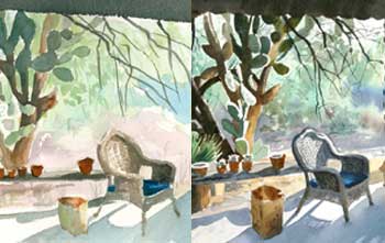Two watercolor paintings, side by side, showing the same scene of a wicker chair and paper bag on a patio with a large cactus in the background.