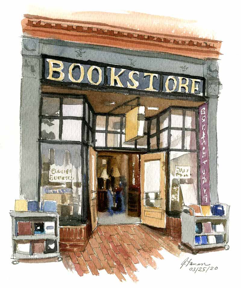 Watercolor illustration of the front entryway of the Boulder Bookstore