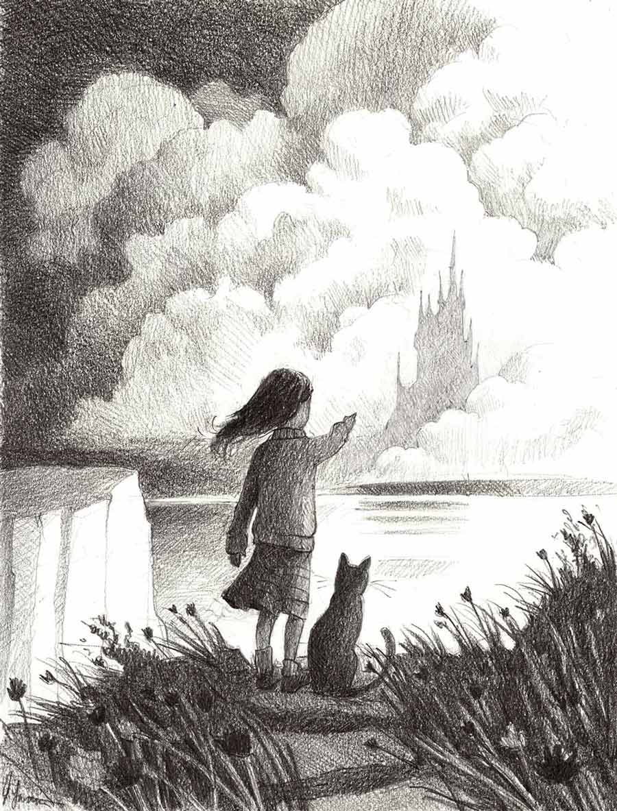 Pencil drawing by Jessica Lanan of a girl and her cat standing on a cliff looking out at the ocean. The girl points toward the distance, where a giant mysterious castle is shrouded in the clouds.