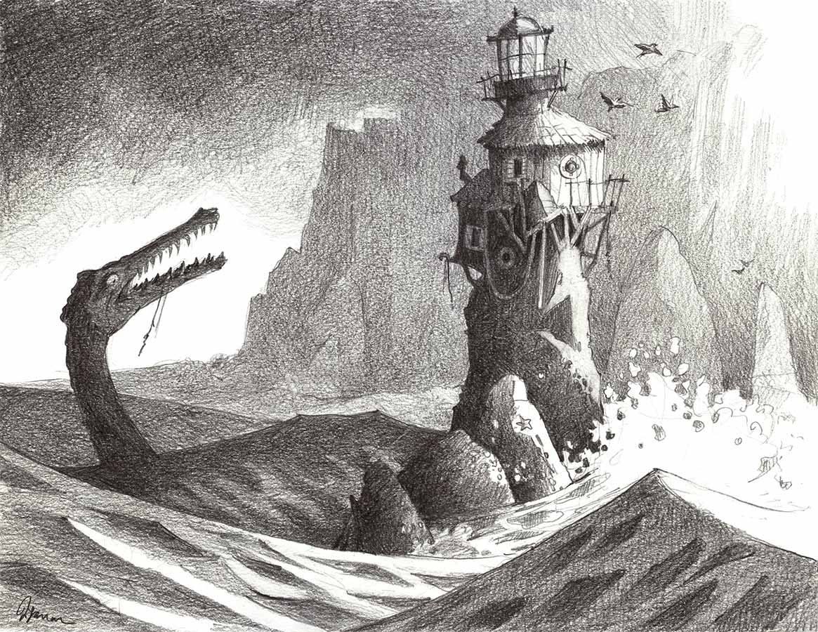 The Lighthouse - Pencil drawing by Jessica Lanan of a tiny, ramshackle lighthouse atop a rock surrounded by crashing waves. The head of a large sea monster emerges from the water nearby.