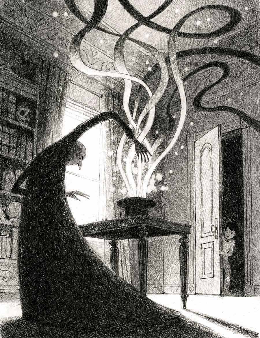 The Magician - Pencil drawing by Jessica Lanan of a magician in a black robe and top hat waving his arms over a hat. Magical light and swirling ribbons are coming out of the hat. IN the background, a boy looks in from behind a door.
