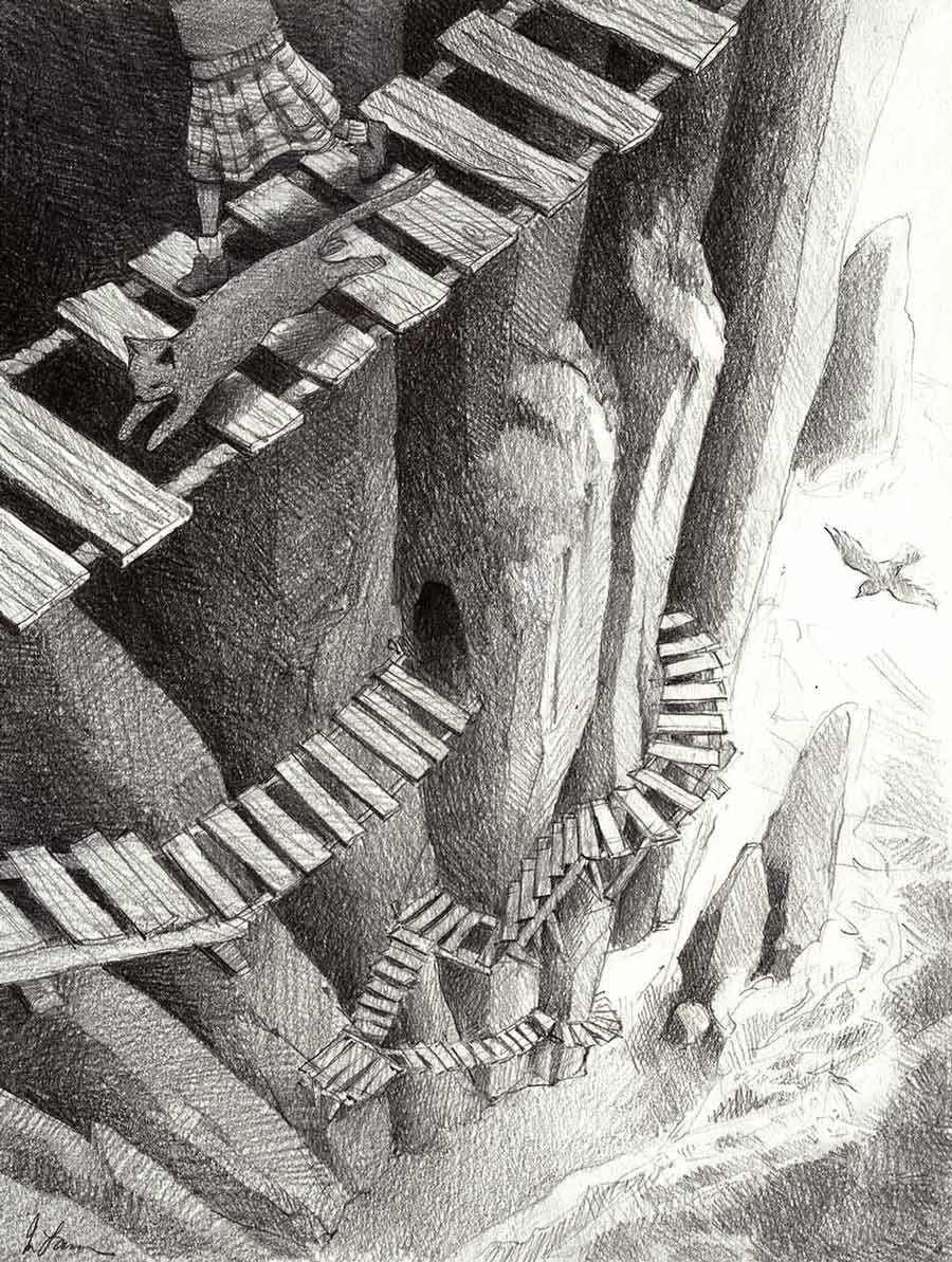 Pencil drawing by Jessica Lanan of a girl and a cat running down a series of steps and hanging rope bridges with wooden slats. The stairs descend a sheer cliffside toward a beach below.