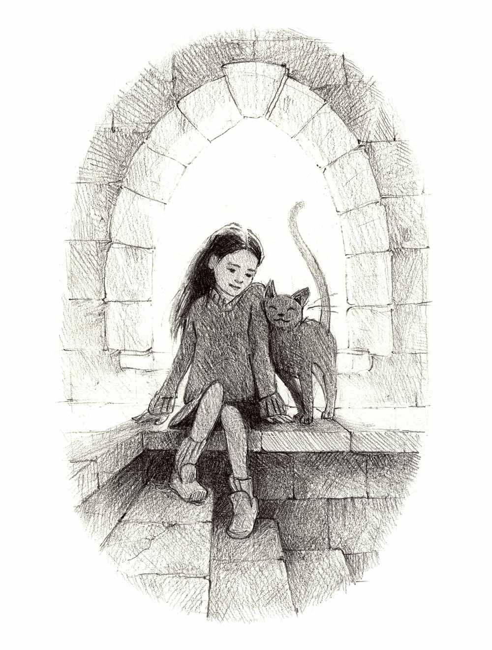 The Window Seat - Pencil drawing by Jessica Lanan of a girl sitting beside a cat in front of an arched stone window at the top of a staircase.