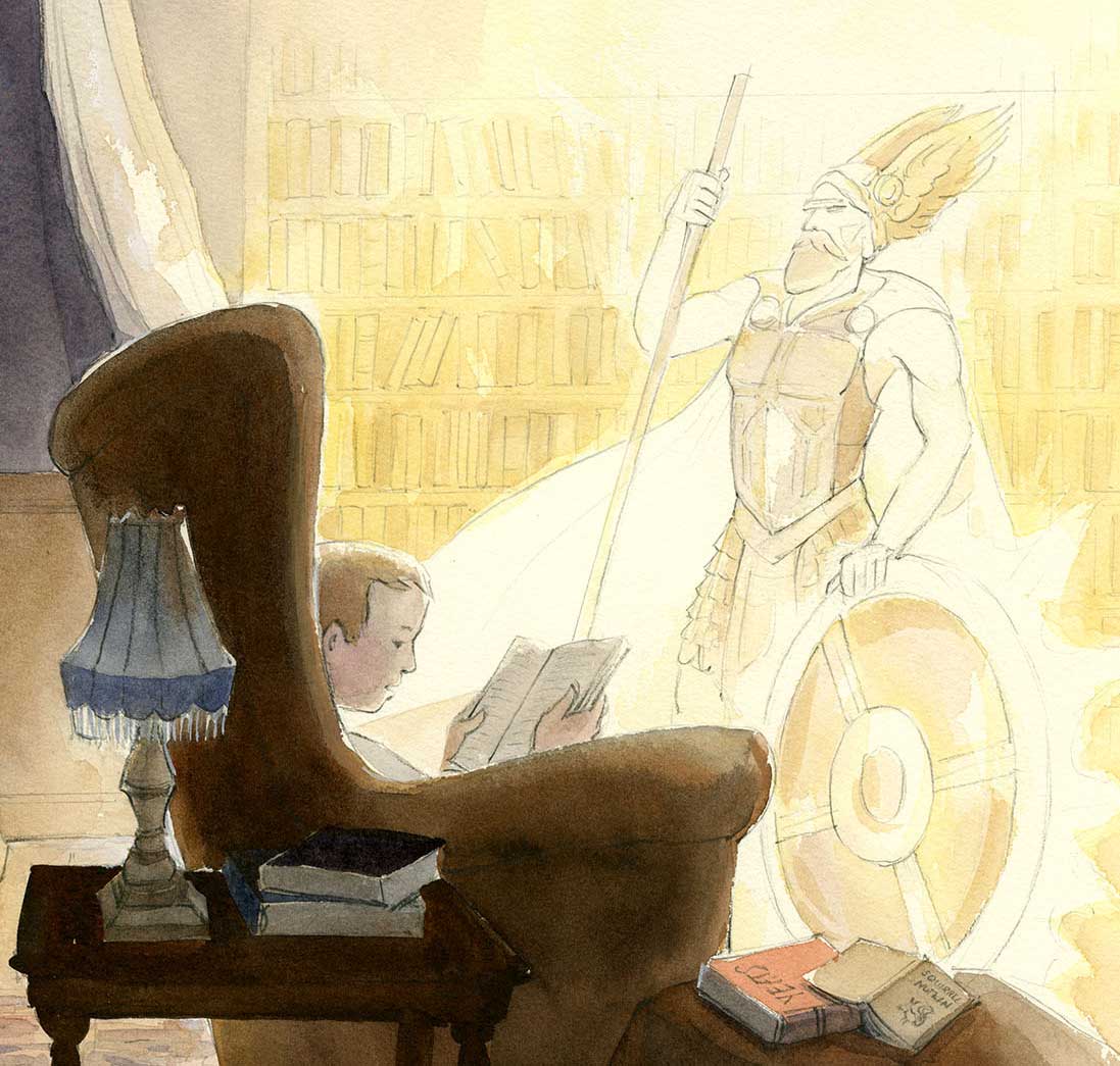 Detail of a watercolor illustration from 'Finding Narnia' of young C.S. Lewis (Jack) reading in a chair while an imagiary viking stands behind him.