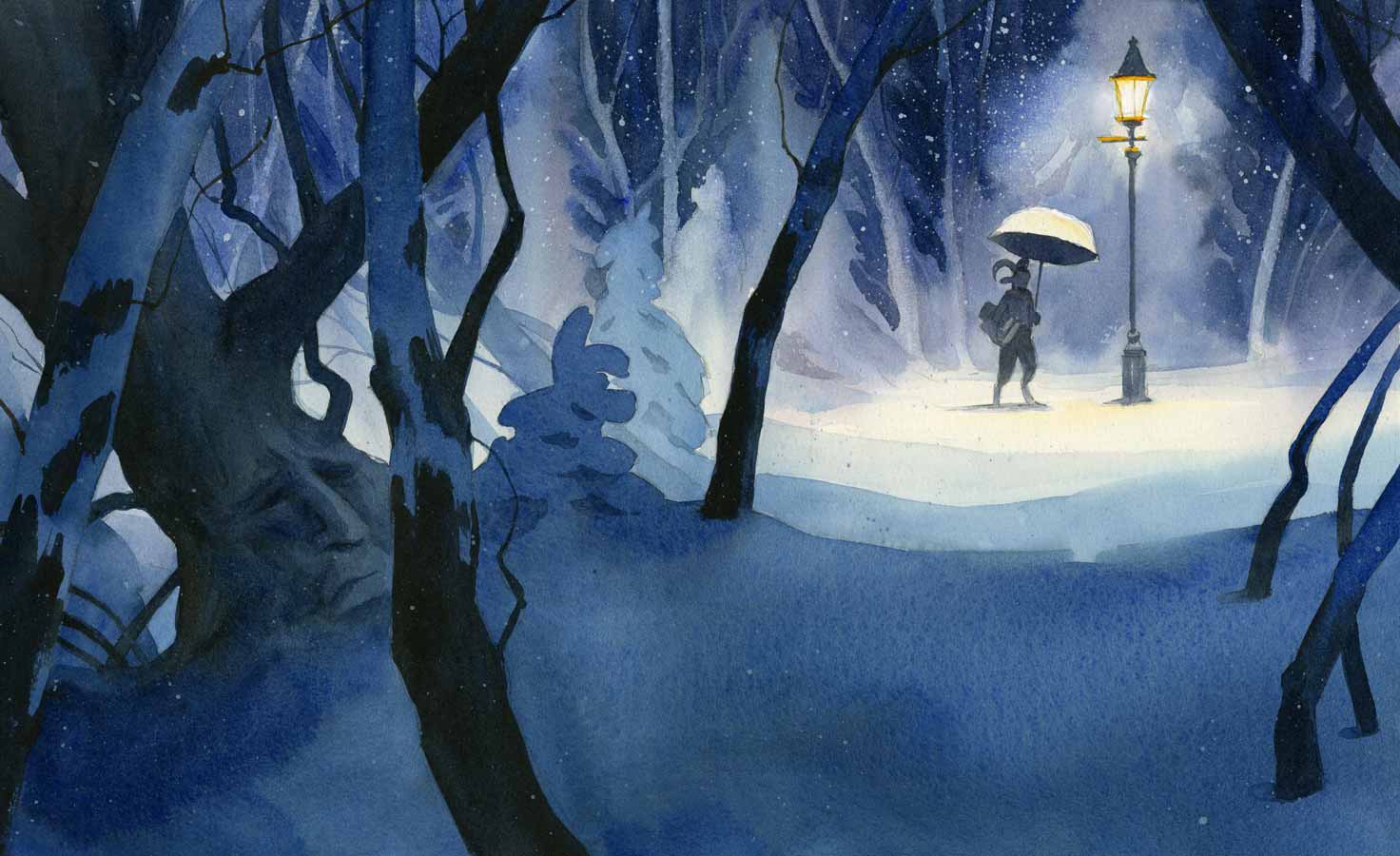 Watercolor illustration of Narnia from 'Finding Narnia' of a snowy forest with a faun standing under an umbrella next to a lamp-post.