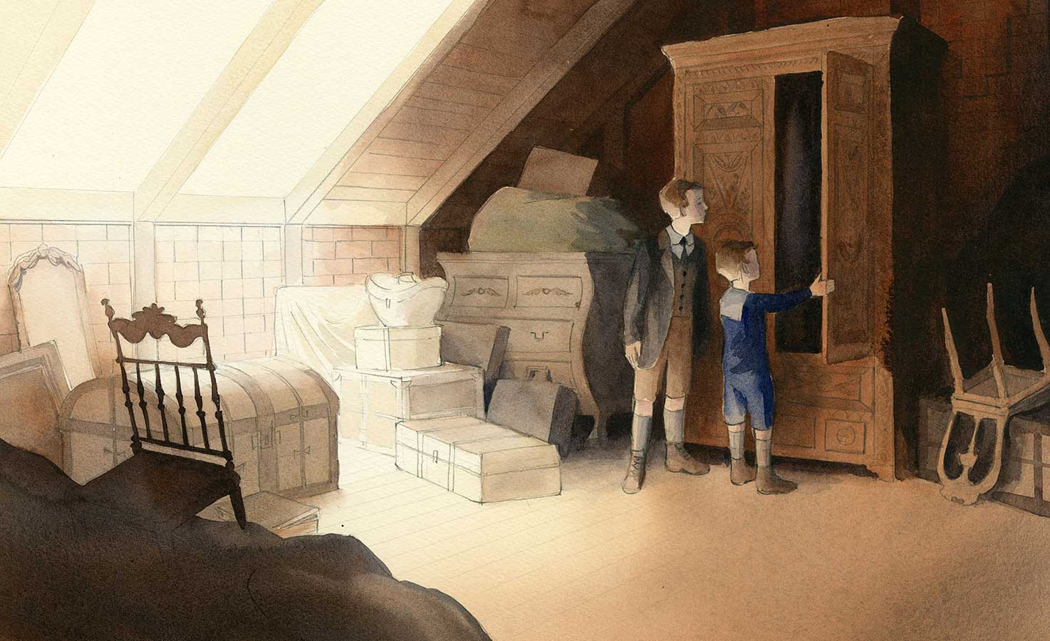 Watercolor illustration from 'Finding Narnia' showing two boys in a dusty, cluttered attic opening the door to an old wooden wardrobe.
