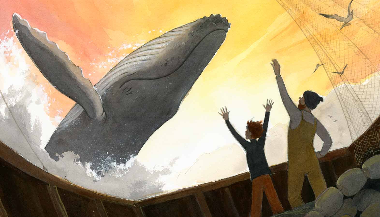 Watercolor illustration from the picture book 'The Fisherman and the Whale' showing a large humpback whale breaching out of the ocean in front of a gold and orange sunset shy with a man and boy waving from their boat in the foreground.