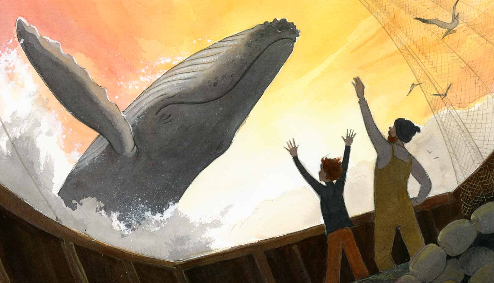 Watercolor illustration from the picture book 'The Fisherman and the Whale' showing a large humpback whale breaching out of the ocean in front of a gold and orange sunset shy with a man and boy waving from their boat in the foreground.