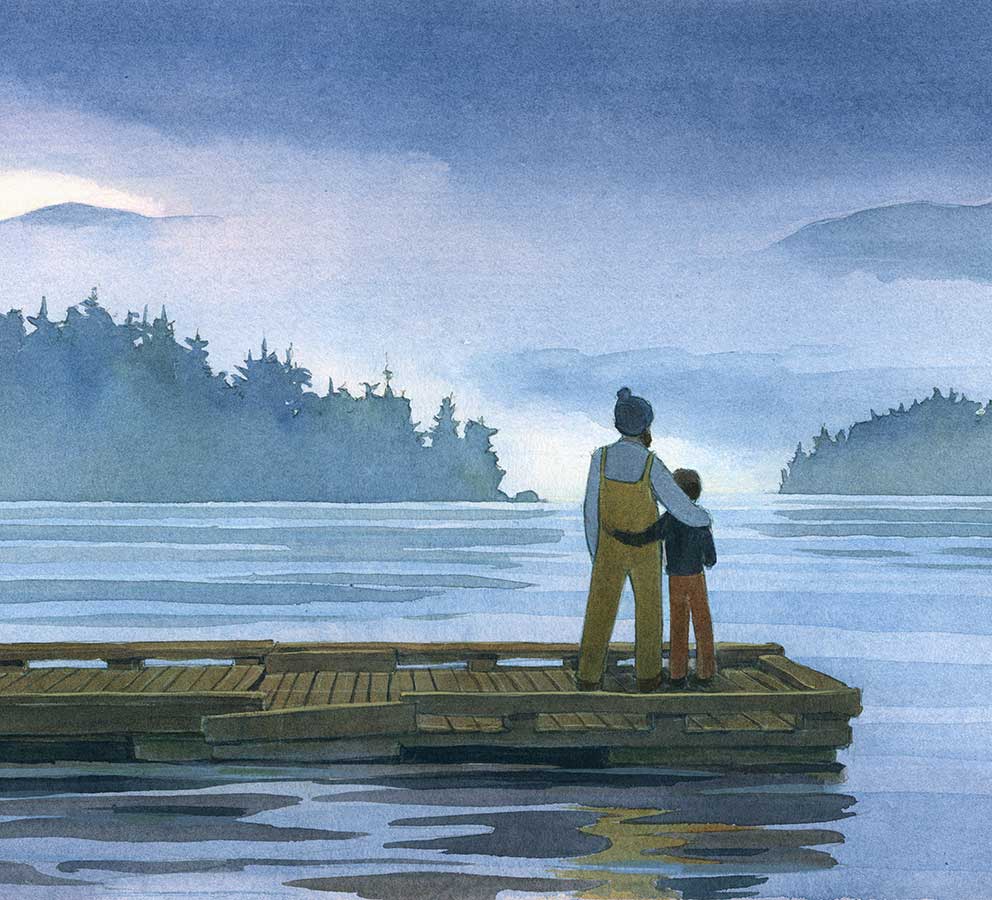 Detail of watercolor illustration from 'The Fisherman and the Whale' showing a father and son standing at the end of a small dock looking out at water and islands and mountains partially hidden by mist.