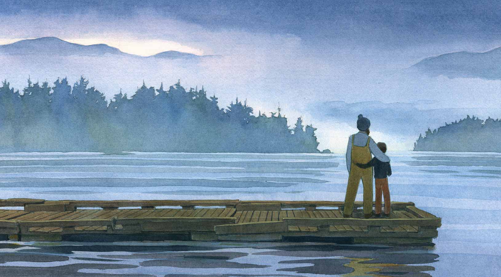 Detail of watercolor illustration from 'The Fisherman and the Whale' showing a father and son standing at the end of a small dock looking out at water and islands and mountains partially hidden by mist.