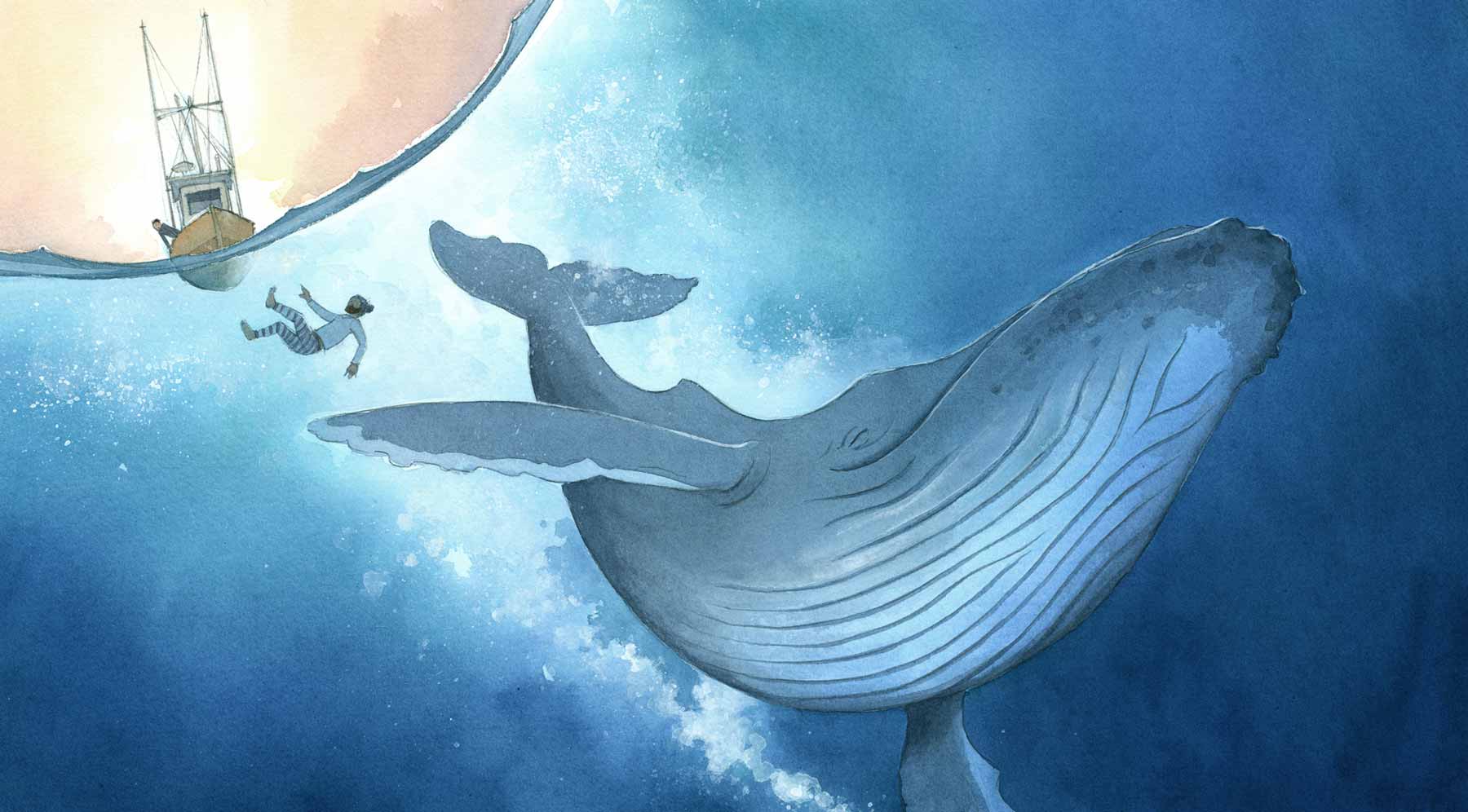 Watercolor illustration from 'The Fisherman and the Whale' showing a happy whale swimming and diving while a man tumbles in the water and a boat bobs above the surface.