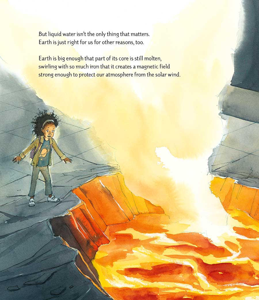 Detail from watercolor illustration 'Just Right' showing a girl standing at the edge of an opening in the museum floor with molten lava inside.