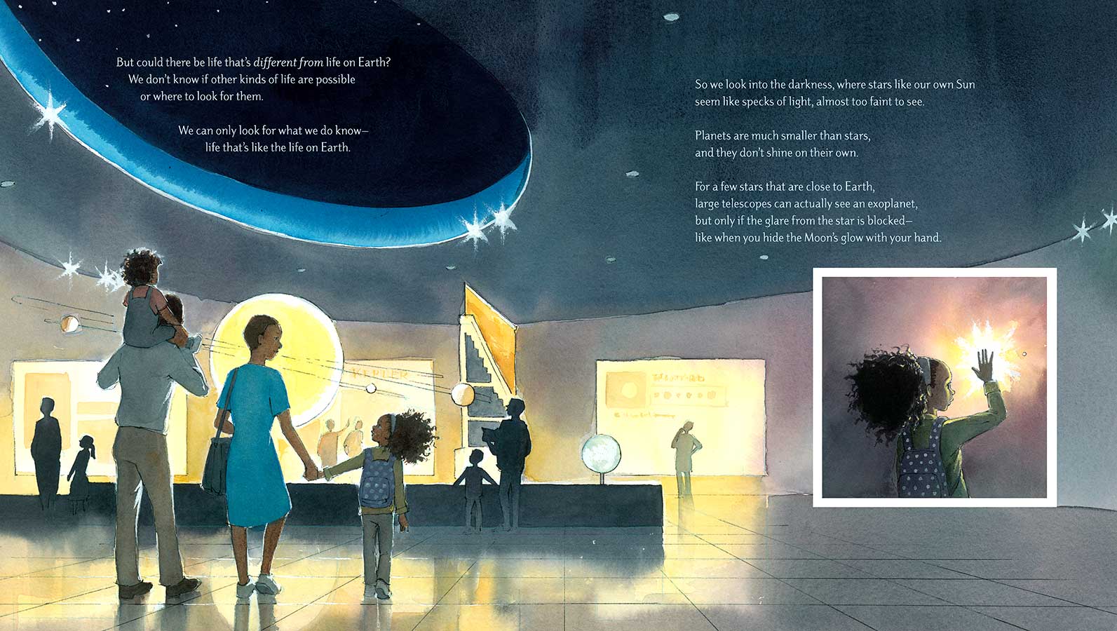 Watercolor spread from picture book 'Just Right' showing an African-American family of four walking toward a space exhibit inside a museum. On the right, an inset image shows the same girl blocking a bright light with her hand.