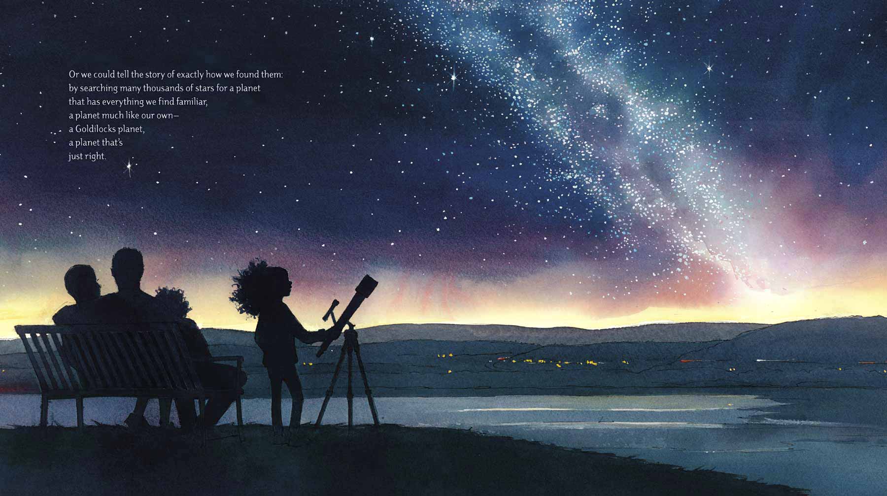 Watercolor Illustration from 'Just Right' showing a family sitting together a bench on a hill at night, while a young girl stands beside a telescope. In the background, we see a night vista with a sky filled by the stars of the milky way.
