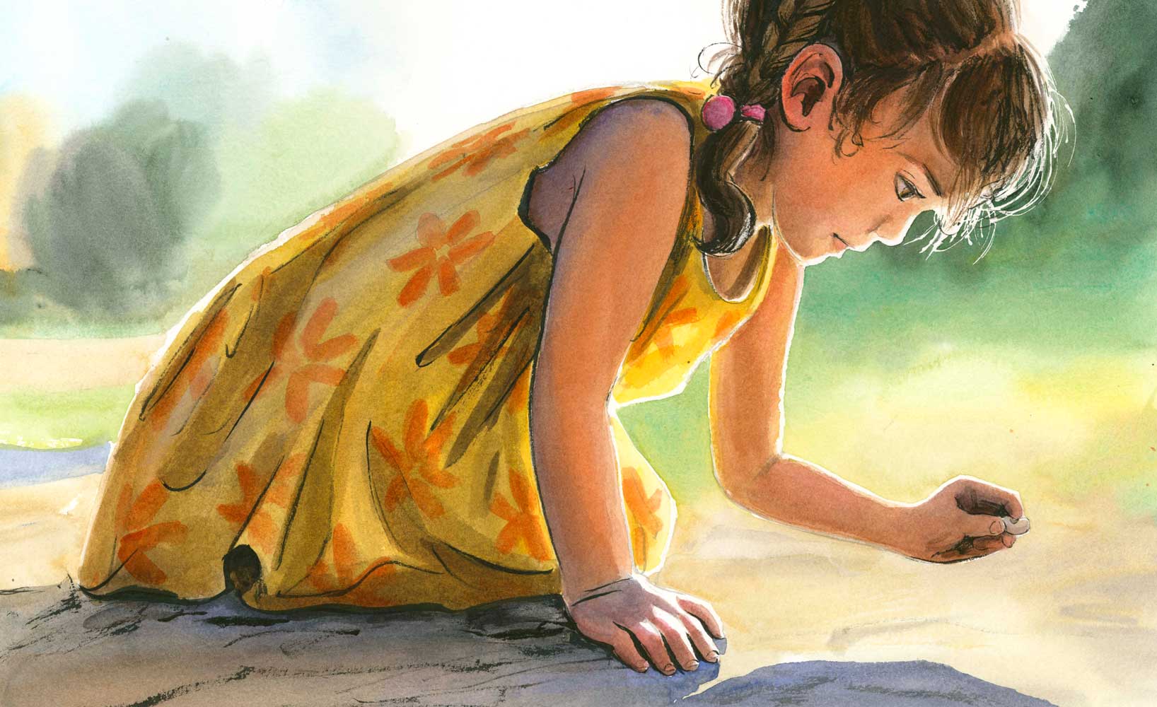Watercolor and ink illustration by Jessica Lanan from 'Jumper: A Day in the Life of a Backyard Jumping Spider' showing a girl in a sleeveless sundress kneeling on the ground in profile with sunlight behind her. She is picking up a small bean off the ground and looking at it.
