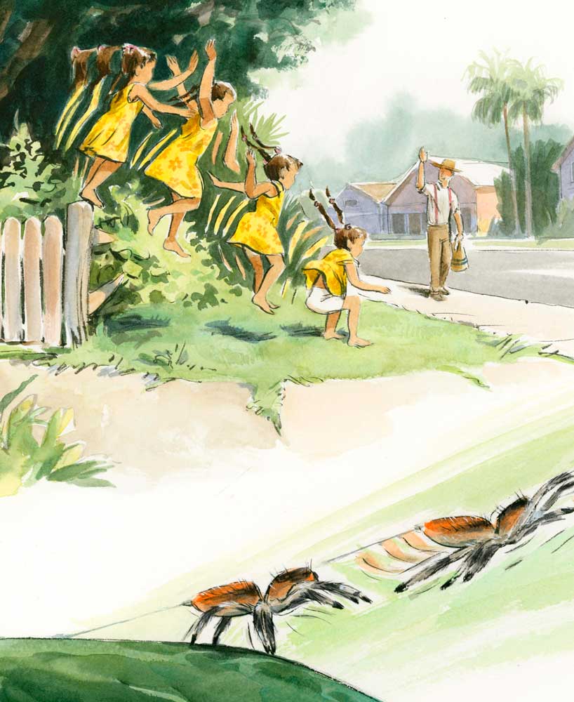 Watercolor and ink illustration by Jessica Lanan from 'Jumper: A Day in the Life of a Backyard Jumping Spider' Showing a girl in a sun dress jumping off a fence in four frames. In the distance a man in a hat waves at her. Below is part of an illustration showing two stop-motion frames of a jumping spider jumping off a leaf.