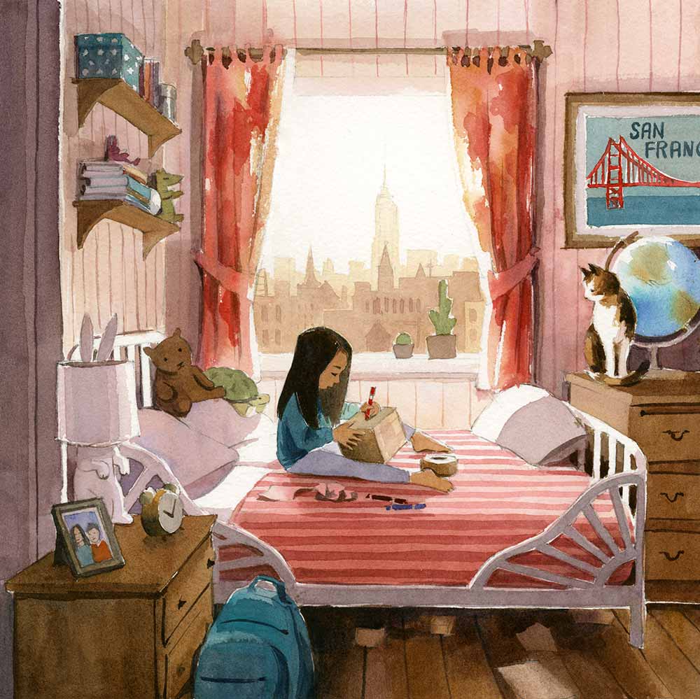 Watercolor illustration by Jessica Lanan from 'The Lost Package' Showing a little girl sitting on her bed in a pink bedroom drawing on a cardboard box with a red marker.