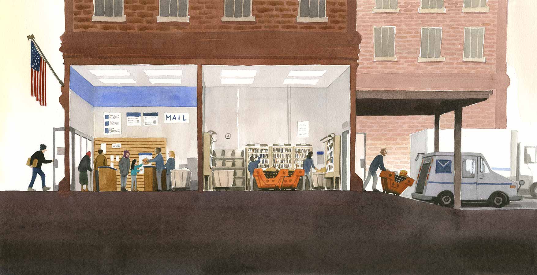 Watercolor illustration by Jessica Lanan from 'The Lost Package' Showing a cross-section of a post office with customers waiting to send packages, a mailroom where packages are sorted, and a loading area with mail trucks.