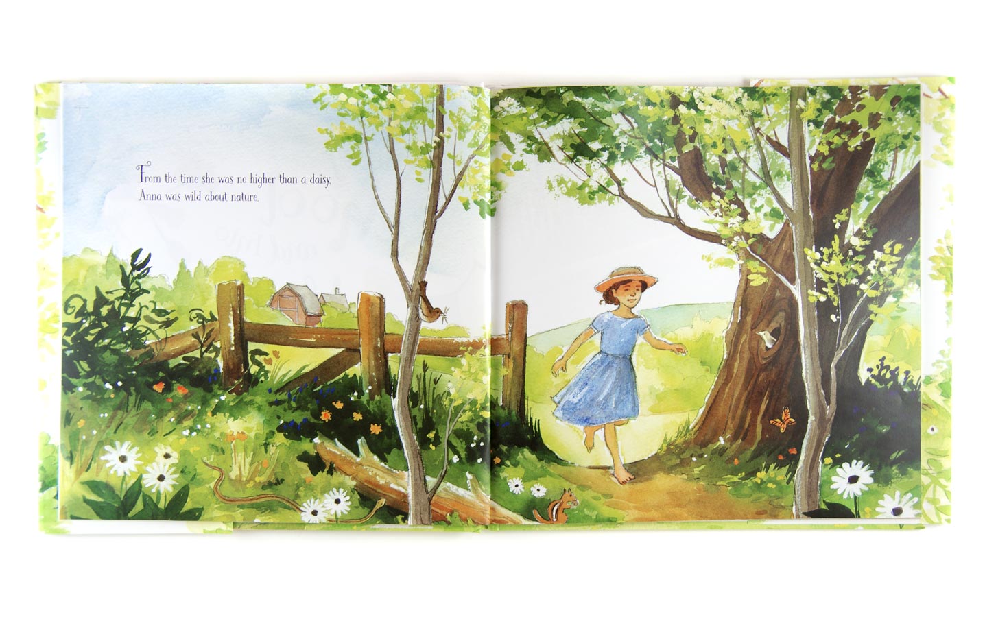 Photograph of first pages of Out of School and Into Nature, showing a young girl in a blue dress and straw hat running barefoot along a dirt path through the countryside on a sunny day. Details show butterflies, birds, and insects in the foliage.