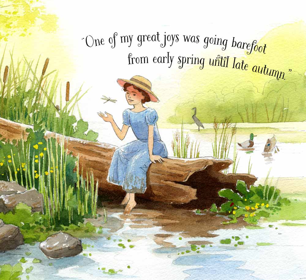 Detail from watercolor illustration by Jessica Lanan of a child Anna Comstock wearing a blue dress and straw hat sitting on a log and looking at a dragonfly. Her bare feet trail in the muddy water. Text reads 
