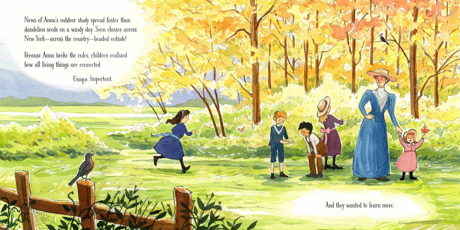 Watercolor illustration from 'Out of School and Into Nature' of a group of children and Anna Comstock looking at nature in a sunny field in autumn.