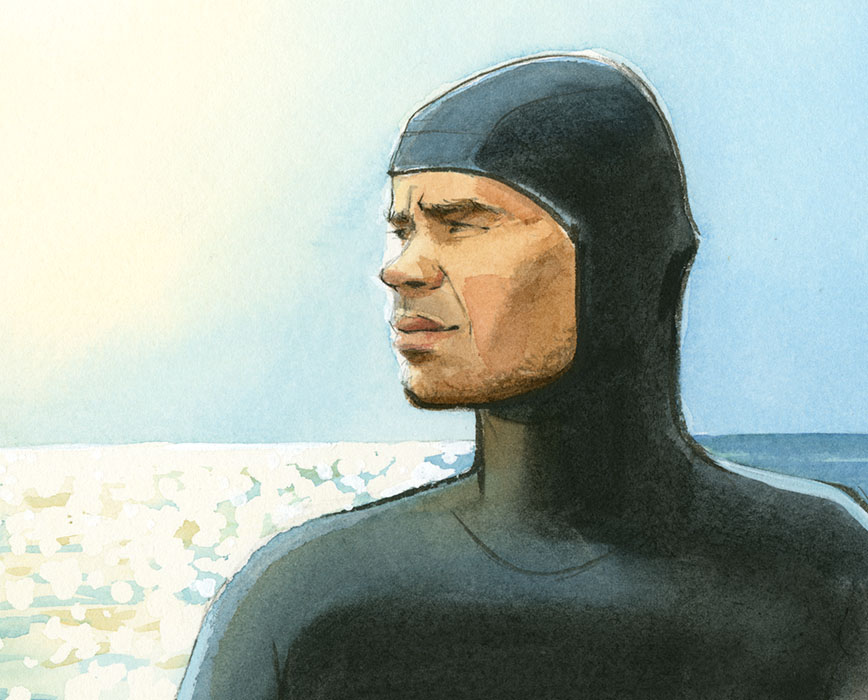 Watercolor and ink detail from an illustration by Jessica Lanan from 'In the World of Whales' Showing a man wearing a wetsuit looking out at the horizon on a sunny day.