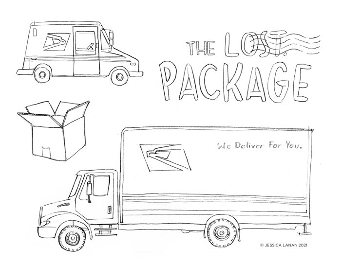 Pencil drawing of one small postal delivery truck and one large postal service truck, an open cardboard box, and logo text reading 