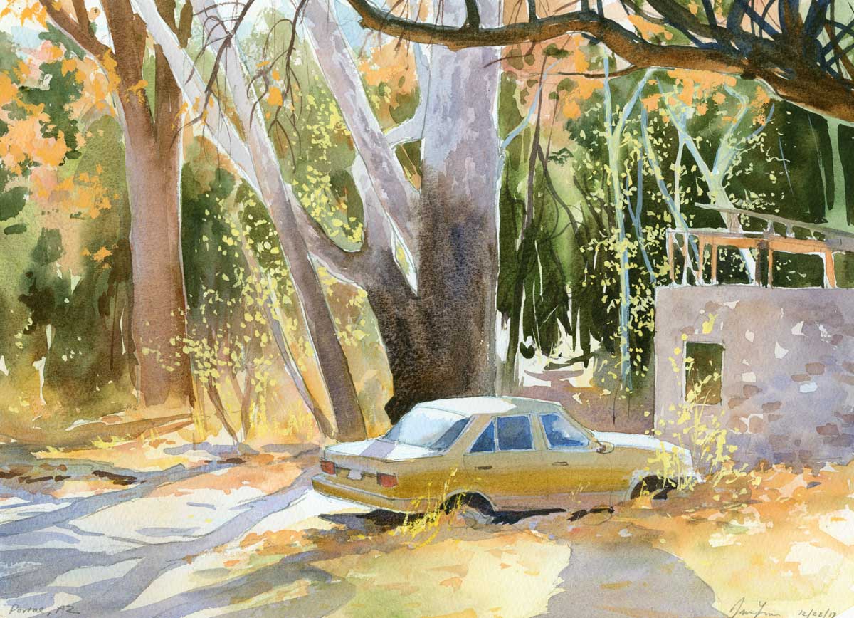 Watercolor painting of a yellow car under trees on a sunny day in autumn.