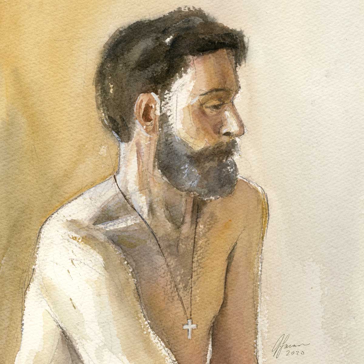 Watercolor studio painting from live model of bearded man with light skin seen in profile