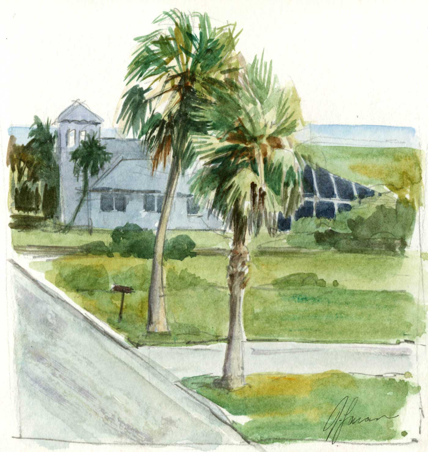 Watercolor sketch from high point of view showing two palm trees on either side of a suburban driveway with another house and the ocean behind.