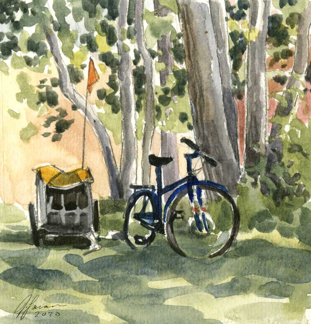 Small watercolor painting of a blue bicycle and yellow and gray bike trailer parked beneath trees in dappled sunlight