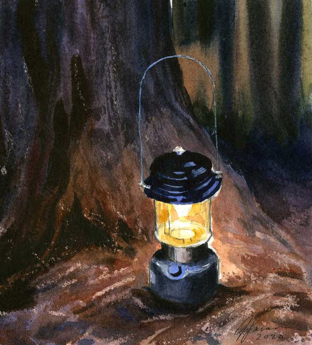 watercolor sketch of glowing Coleman camp lantern beside a roughly painted tree trunk