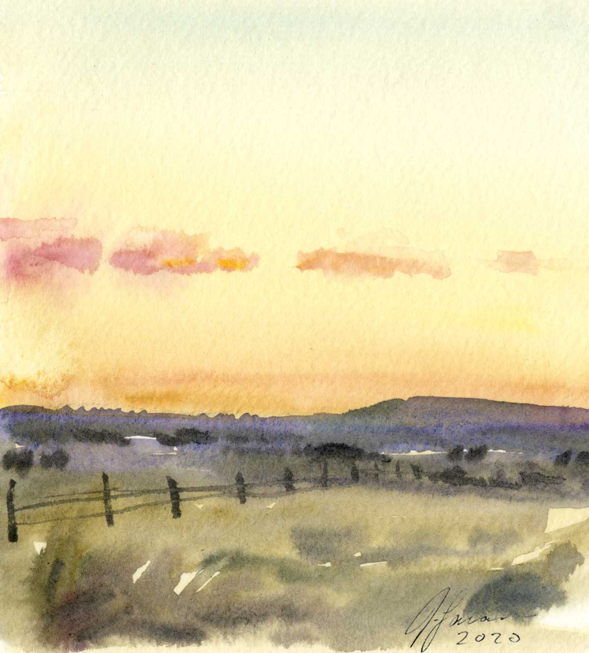 Watercolor sketch of a field and fence with distant ridge beneath and yellow and orange dawn sky with pink clouds.