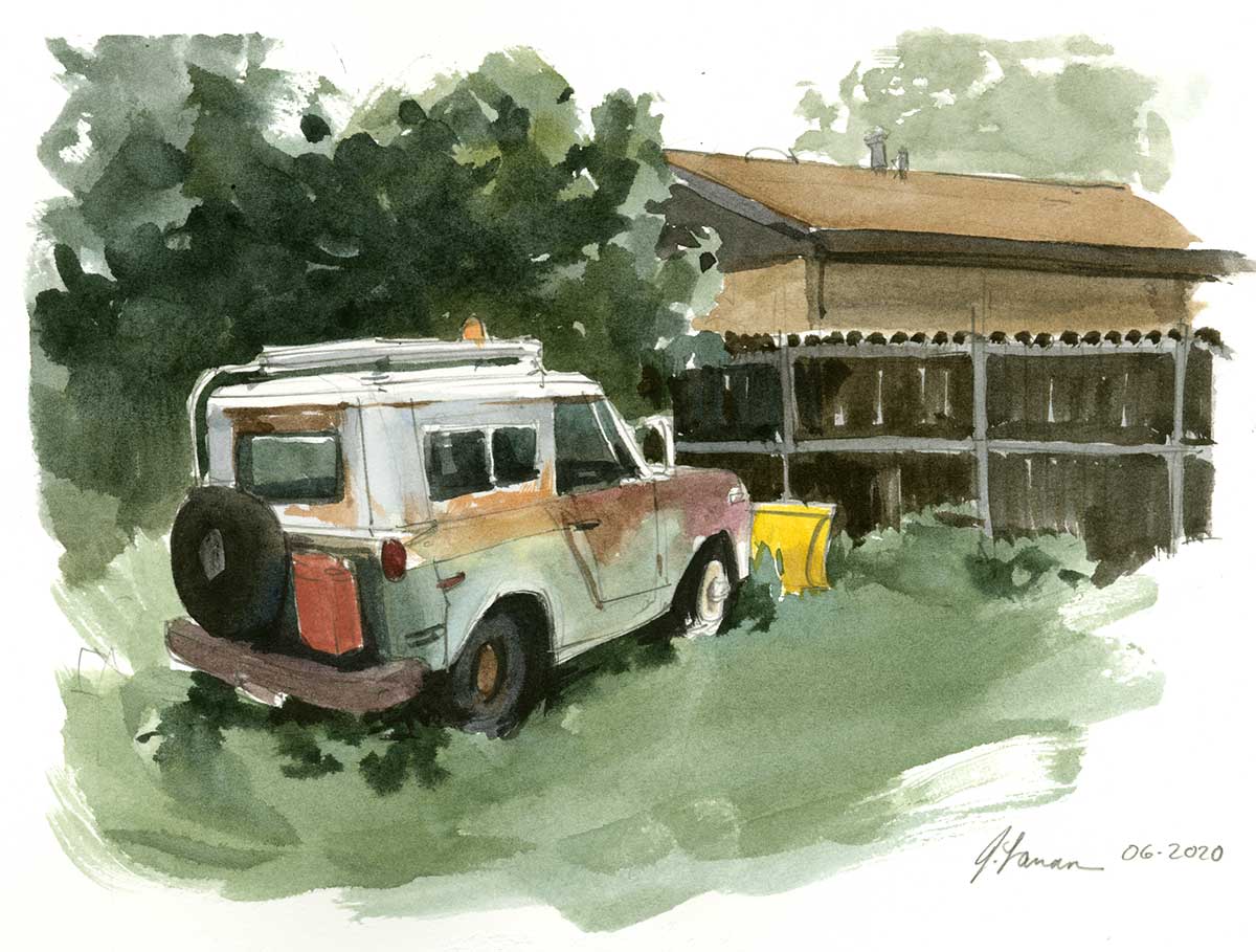 Watercolor painting of a rusty old SUV with a yellow snow plow parked in the grass along a suburban fence with a tree and brown house behind.