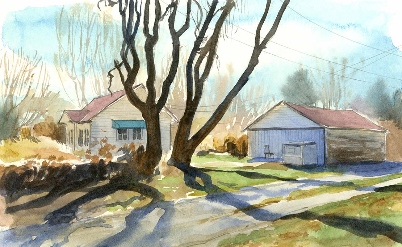 watercolor sketch of a house and garage partly obscured by large trees with an alleyway in the foreground. Bright sunlight shines from behind the trees.