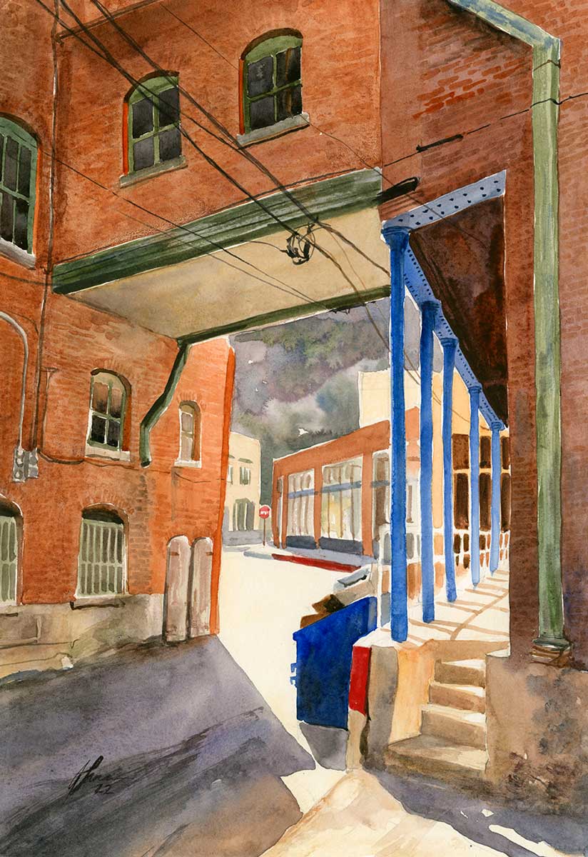 Watercolor painting of an alleyway between brick buildings with bright sunlight