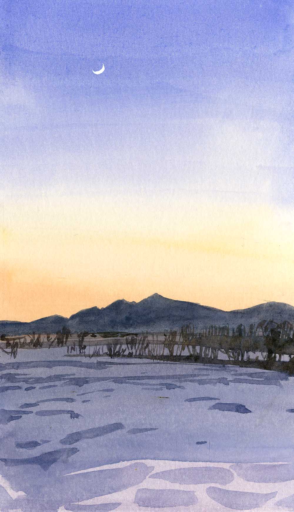 Watercolor painting of a blue snowy field in twilight. In the background are dark mountains and a bright sky with crescent moon.
