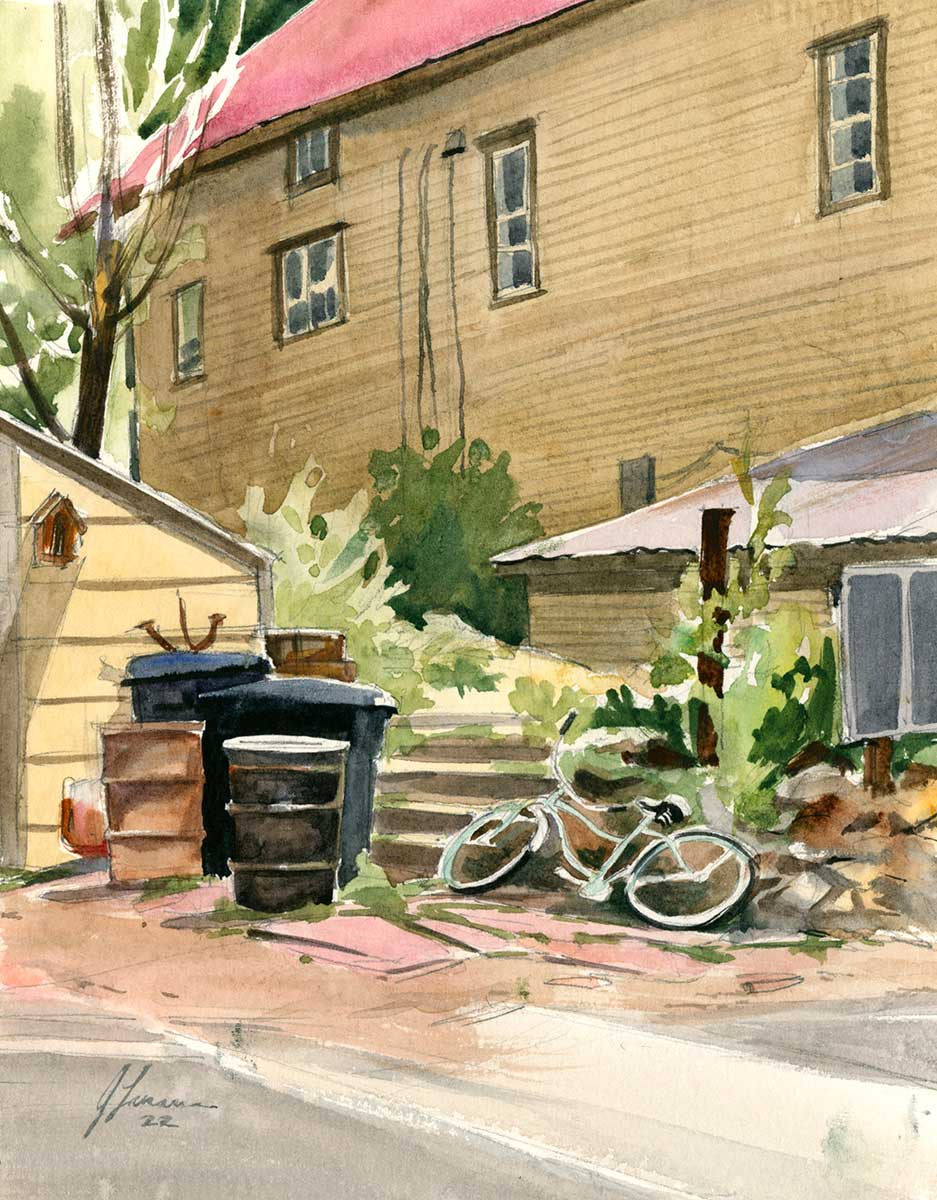 Watercolor painting of dumpsters, stone steps and the wall of a building.