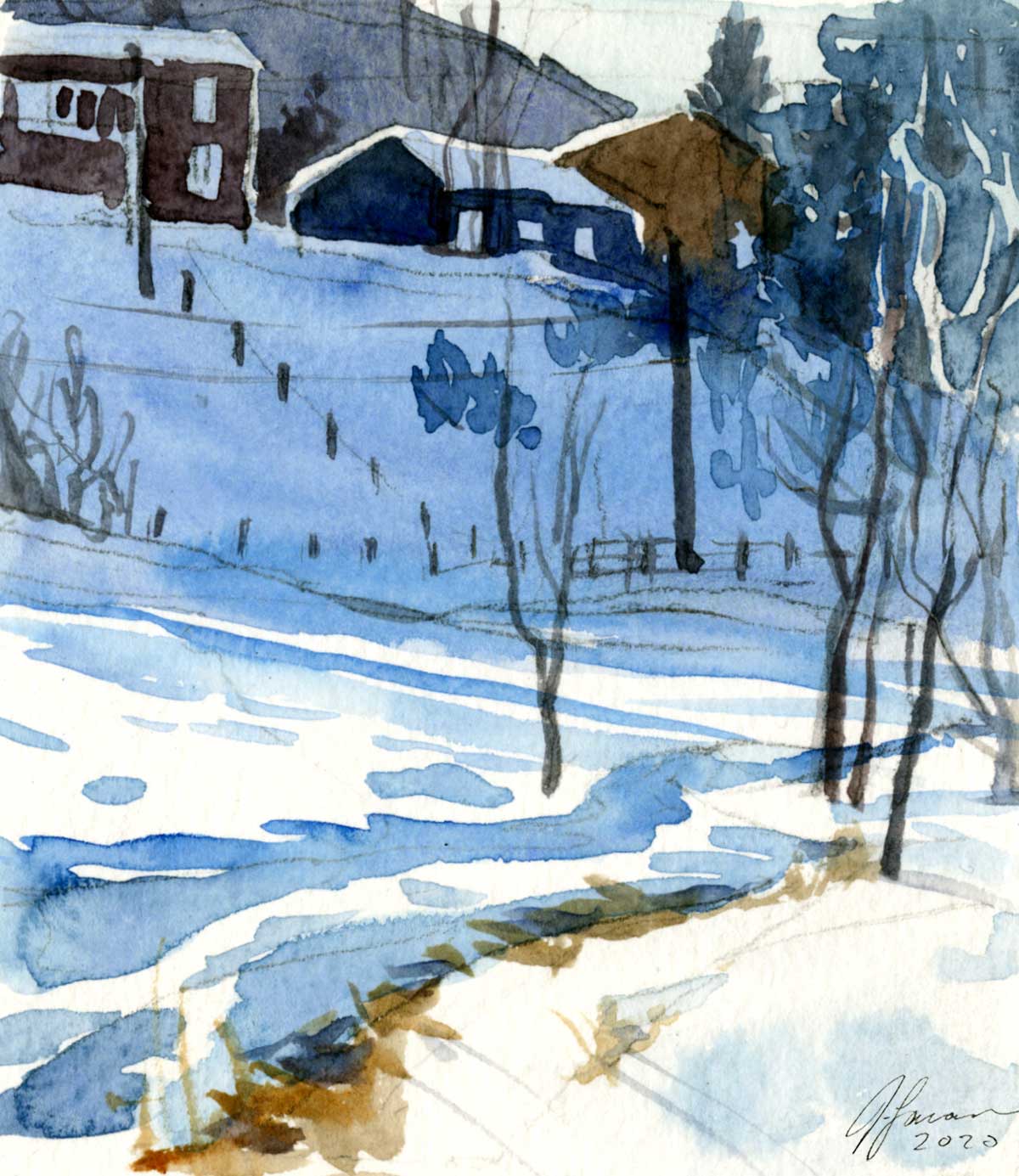 Watercolor sketch of houses on a ridgeline with a snowy field below streaked with blue shadows